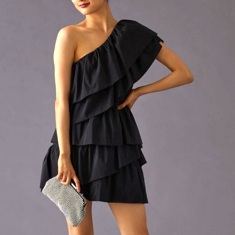 Endless Rose One Shoulder Ruffle Mini Dress Black Tiered Sz Large Party Cocktail